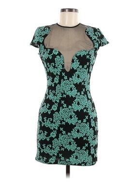 Teal Floral Lace Mini Dress with Sheer Illusion Neckline